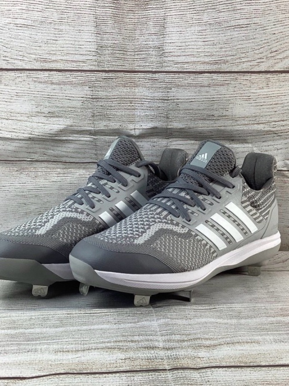 adidas Gray Knit Baseball Cleats with White Stripes